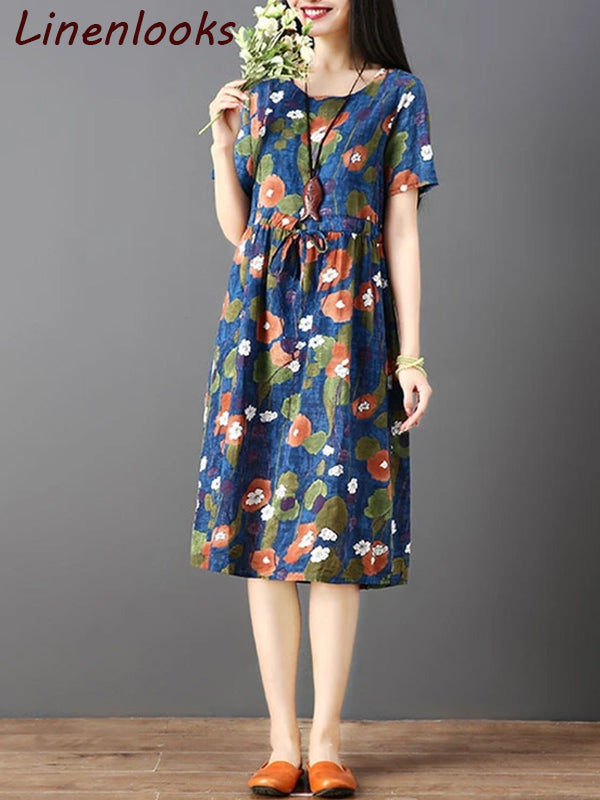 Vintage Print Abstract Short Sleeve Loose Casual Dress
