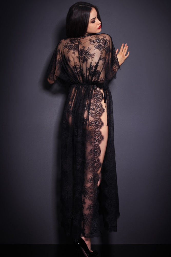 Black Sheer Lace Kaftan Robe with Thong