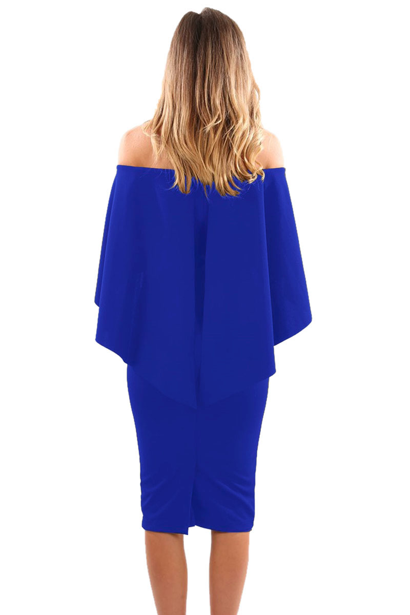 Royal Blue Luxurious Off Shoulder Batwing Cape Midi Dress