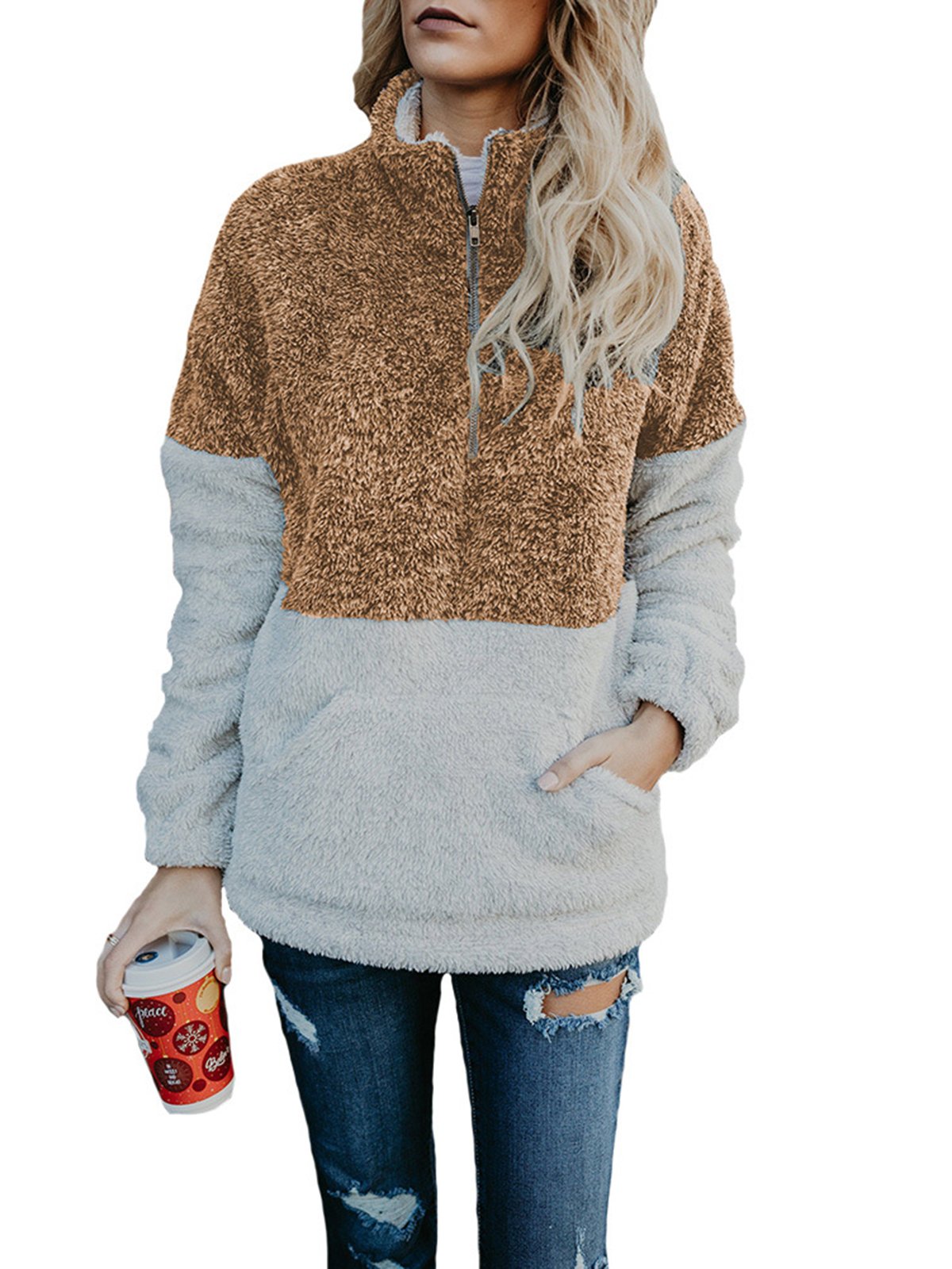 Turtle Neck Pockets Cotton Casual Sweatshirt