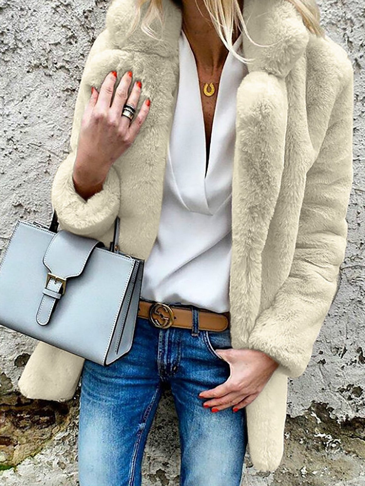 Faux Fur Elegant Paneled Solid Quilted Coat