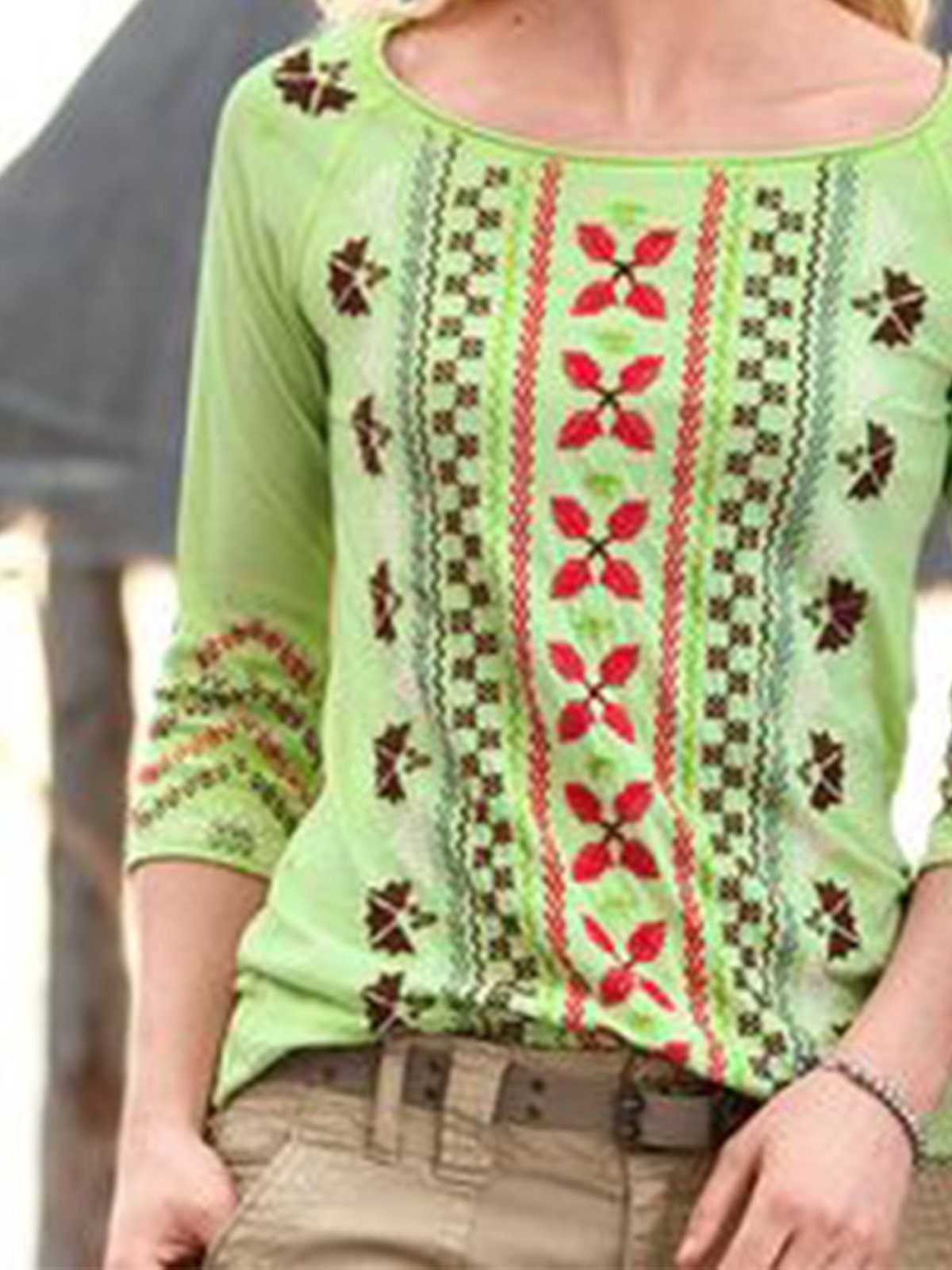 3/4 Sleeve Vintage Geometric Printed Shirts & Tops