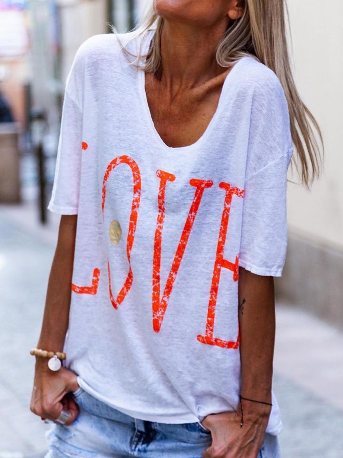 Love Print Round Neck Short Sleeves Casual T-Shirts