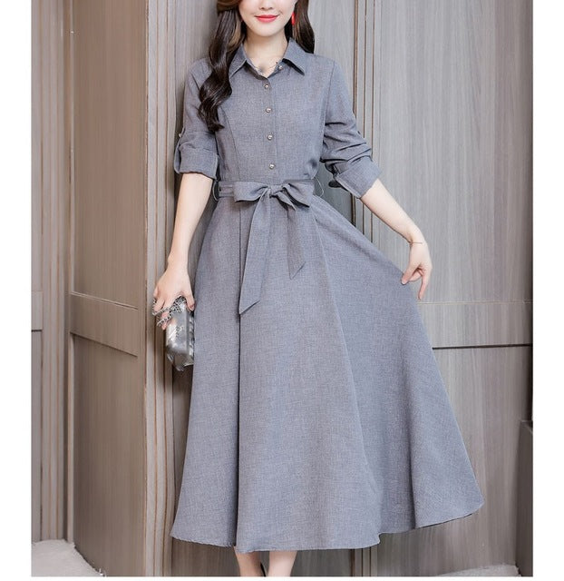 FashionTurn-Down Collar Plus Size Cotton Linen Dress
