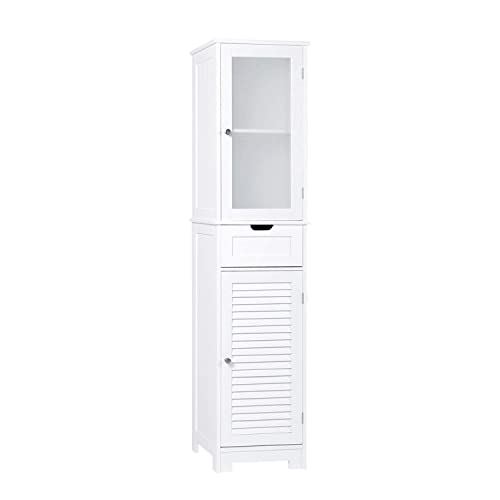 Bathroom Wooden Storage Floor Cabinet w/ Glass Shutter Doors & Adjustable Shelves