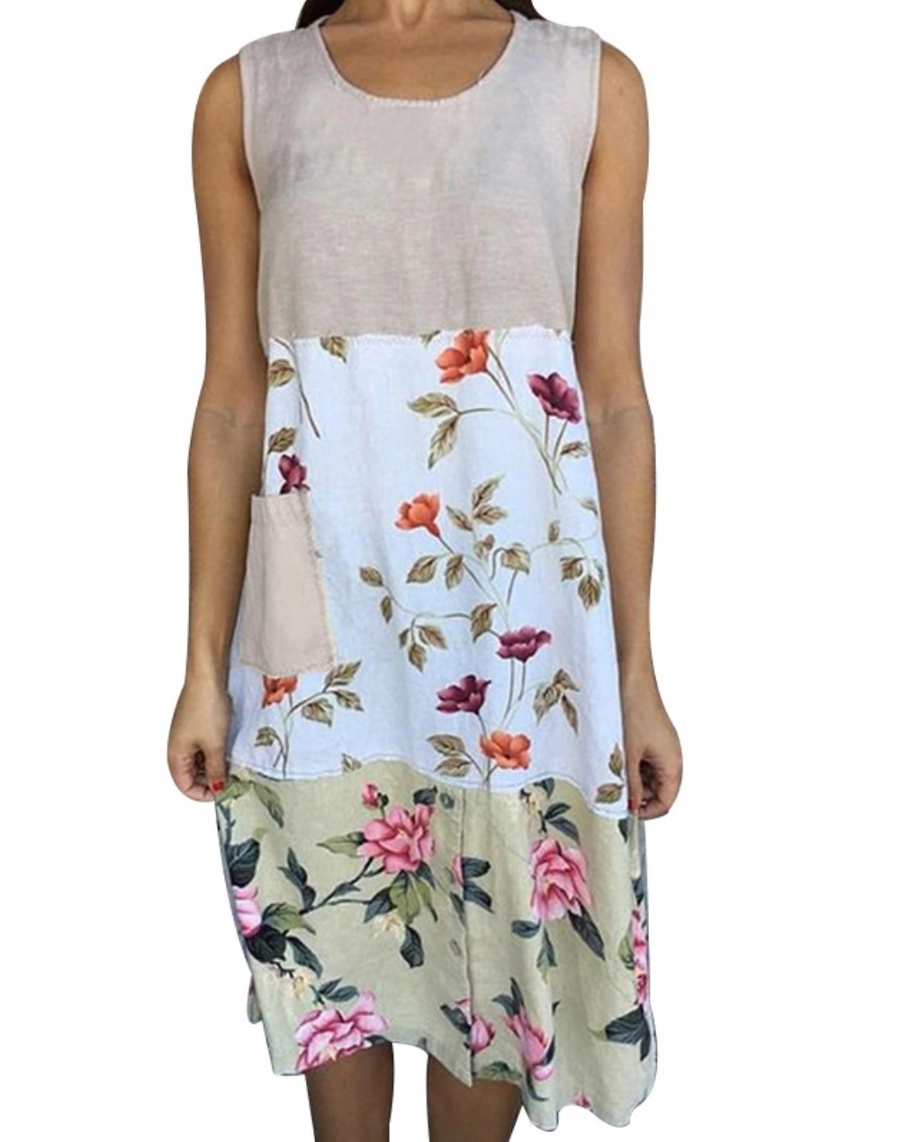 Summer Contrast Floral Sleeveless Boho Shirt Dress