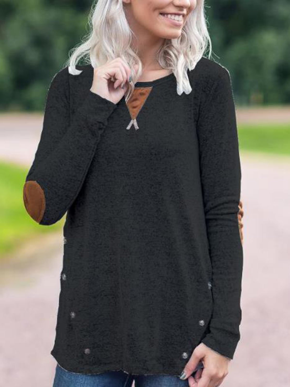 Solid Color Button Casual Round Neck T-shirt