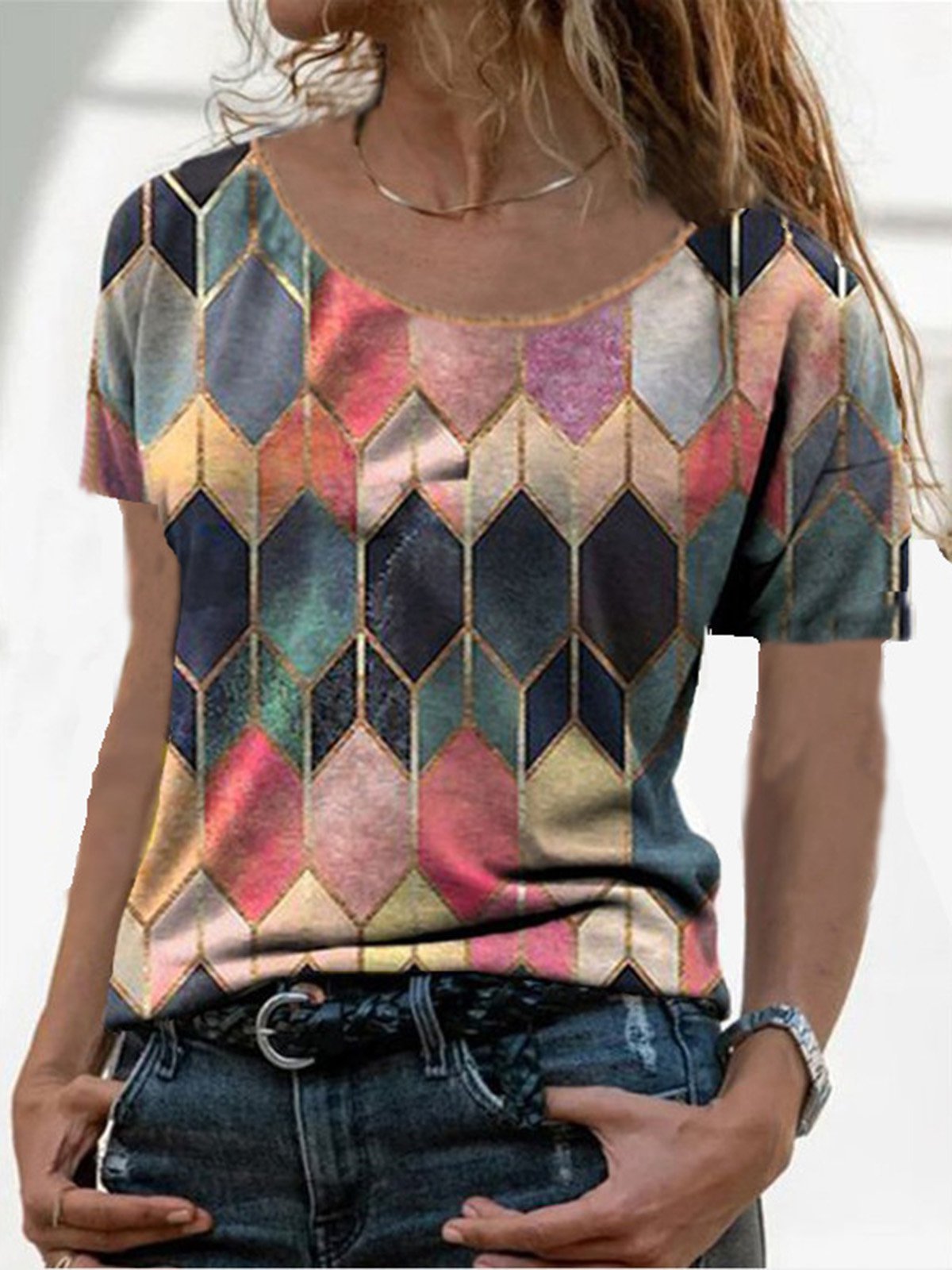Casual Geometric Short Sleeve Shirts & Tops