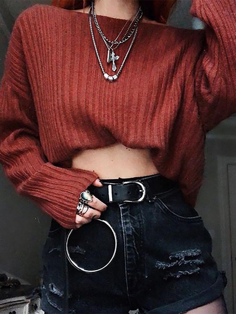 Sexy Solid Color Round Neck Short Sweater