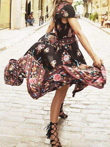 V neck Red Women Daily Short Sleeve Paneled Floral Floral Dress