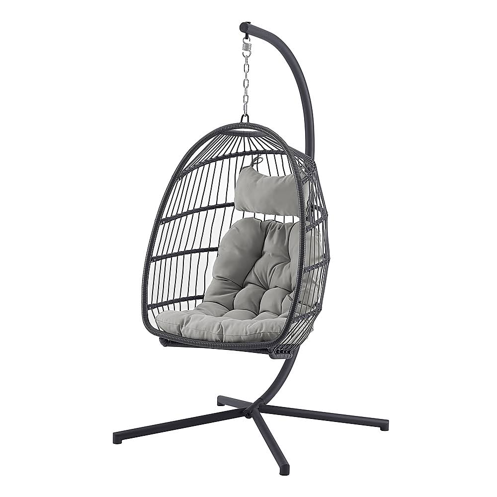 Walker Edison - Swinging Wicker Patio Egg Chair with Cushion - Grey