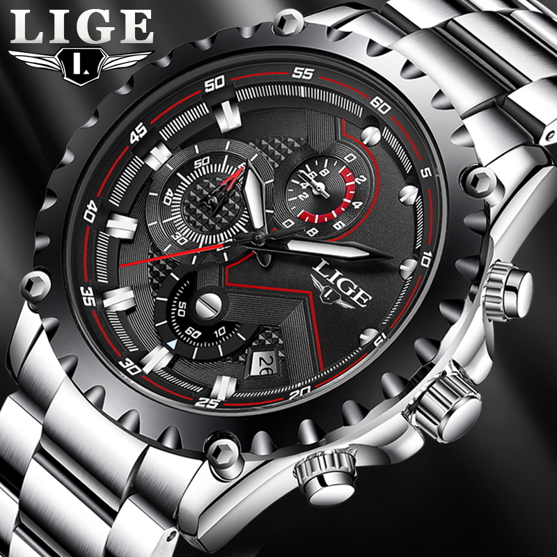 2022 LIGE Fashion Mens Watches Top Luxury Brand Silver Stainless Steel 30m Waterproof Quartz Watch Men Army Military Chronograph