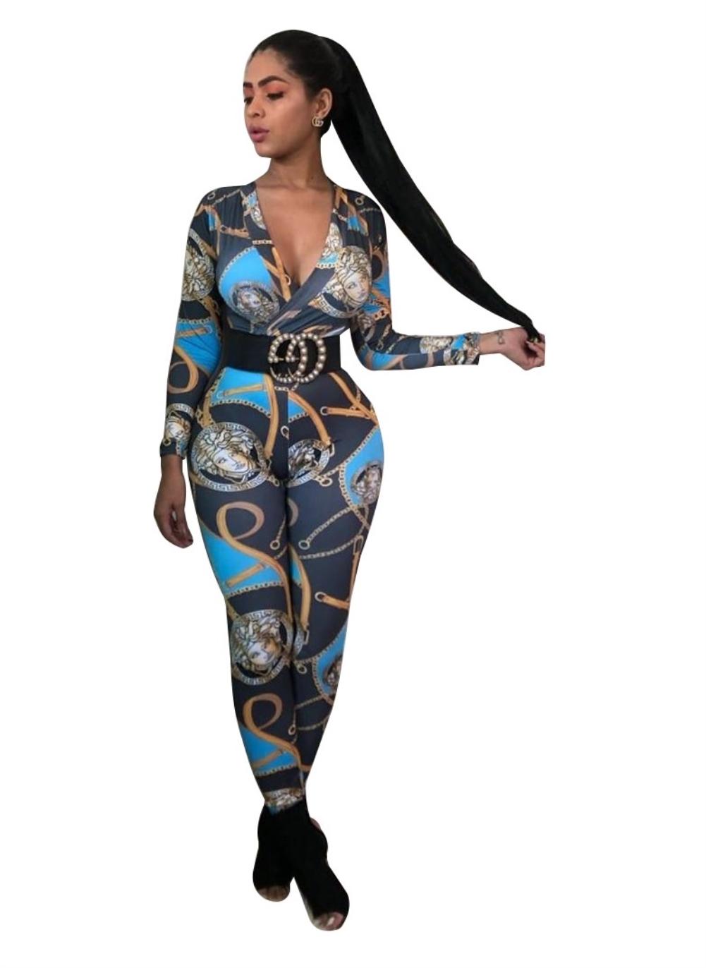Print Long Sleeve Wrapped Bodycon Jumpsuit