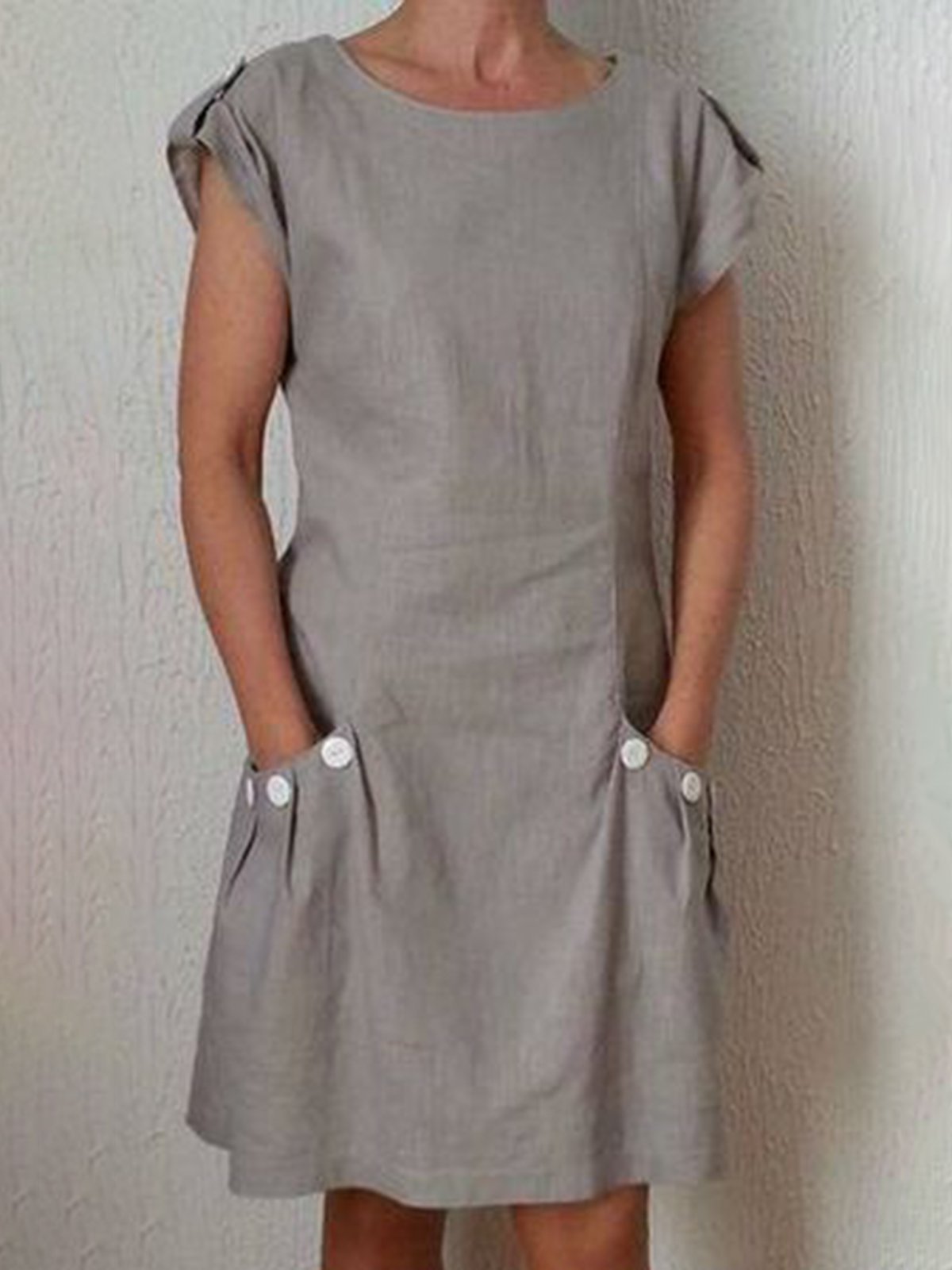 Women Casual Linen Dress Short Sleeve Pockets Buttoned Summer Dresses