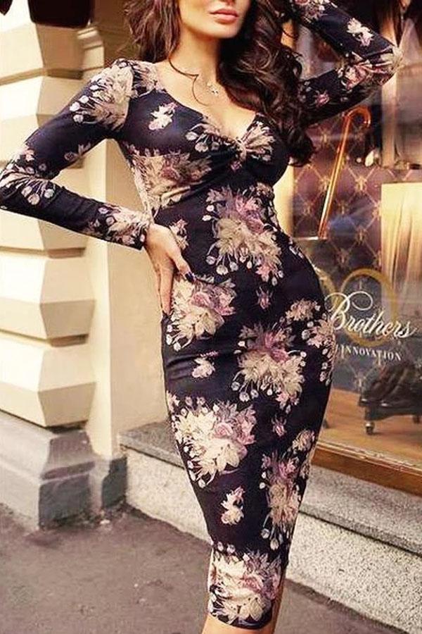Fashion V Neck Printed Colour Long Sleeve Bodycon Dresses