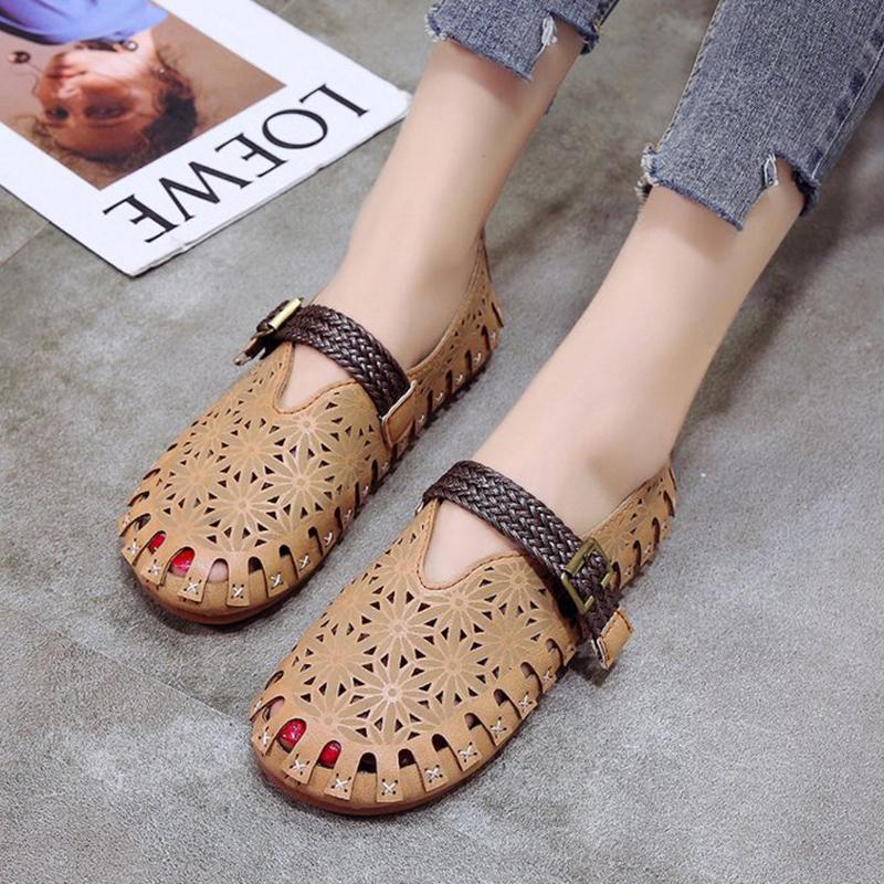 Women Hollow Out Loafers Flower Flat Adjustable Buckle Shoes