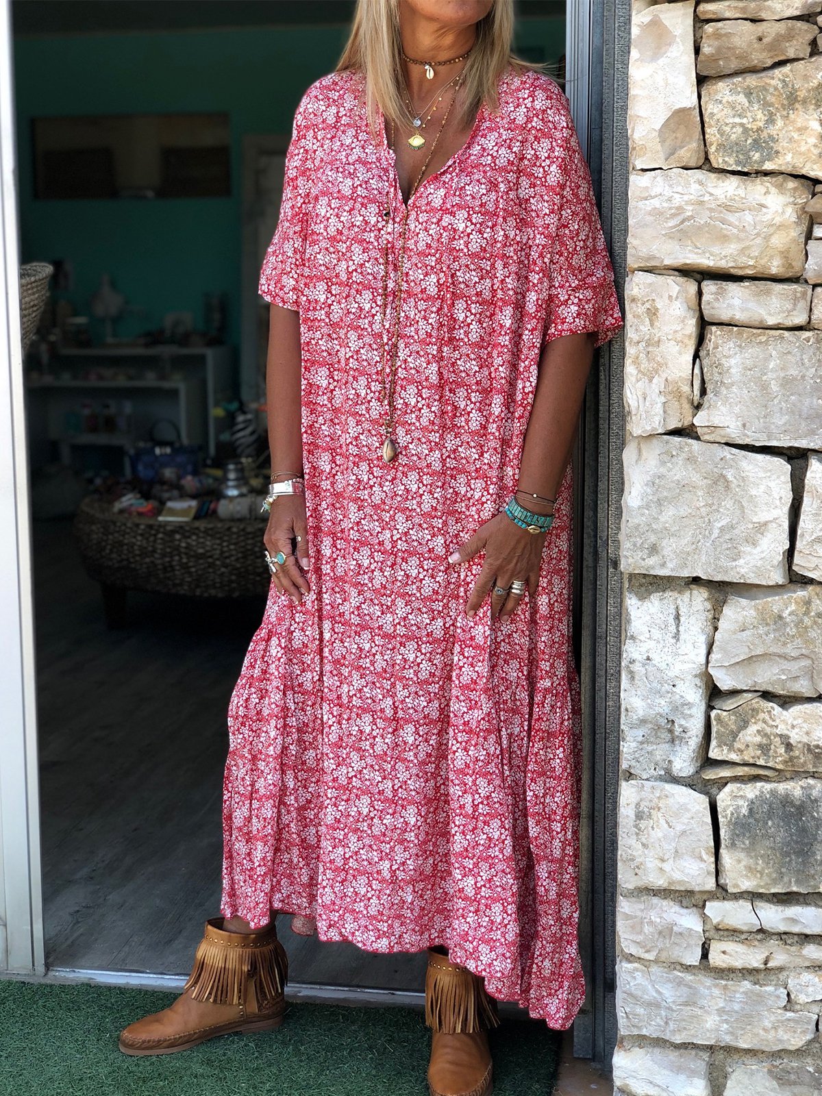 Short Sleeve Floral V Neck Floral-Print Dresses