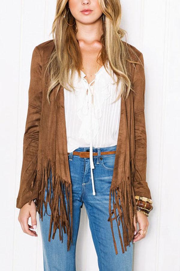 Collarless  Fringe  Plain  Long Sleeve Cardigan