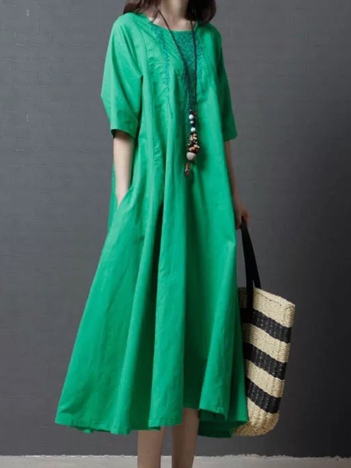 Solid Casual Short Sleeve Pockets Embroidered Dress