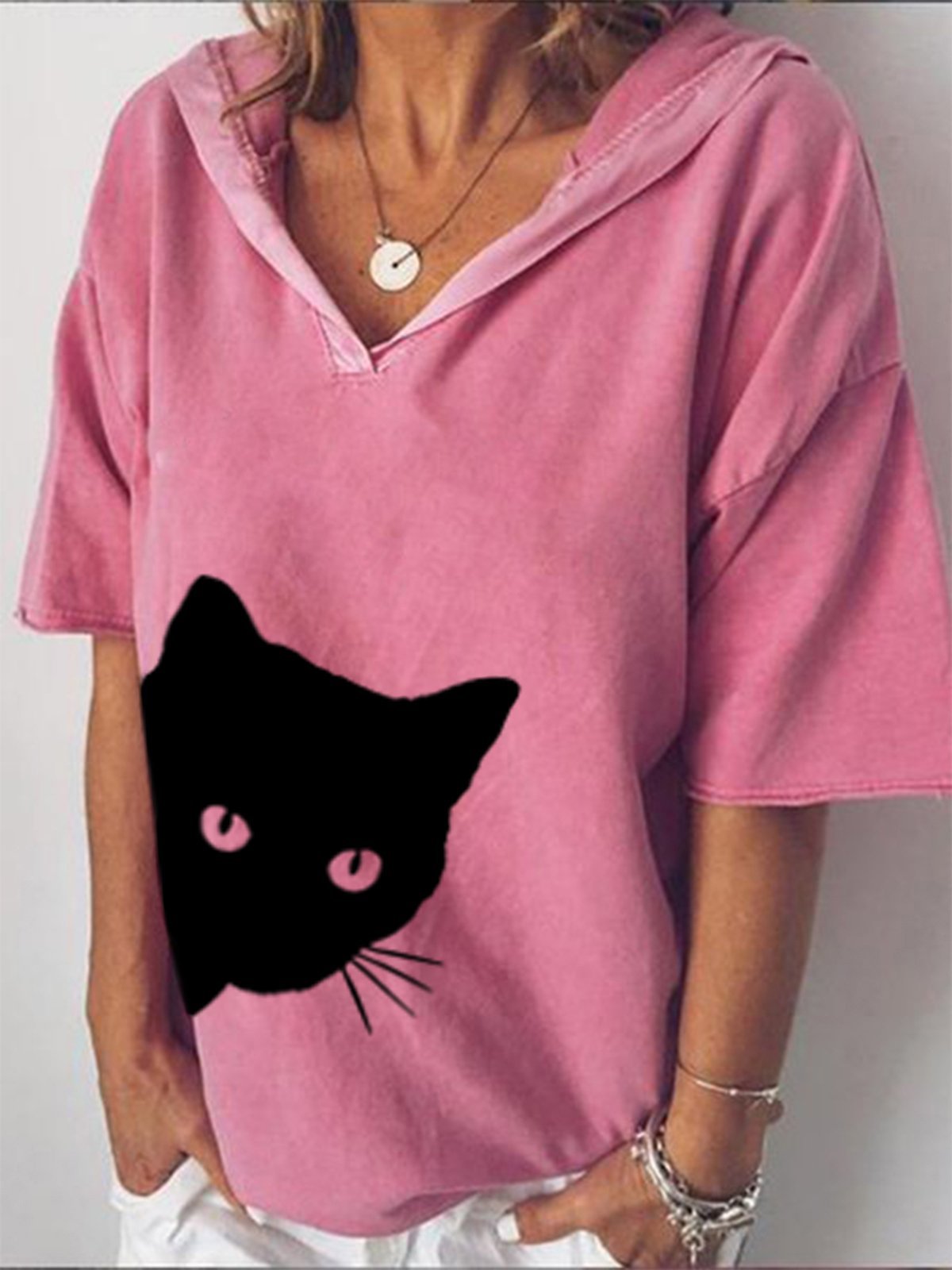 V Neck Cotton-Blend Short Sleeve Casual Shirts & Tops