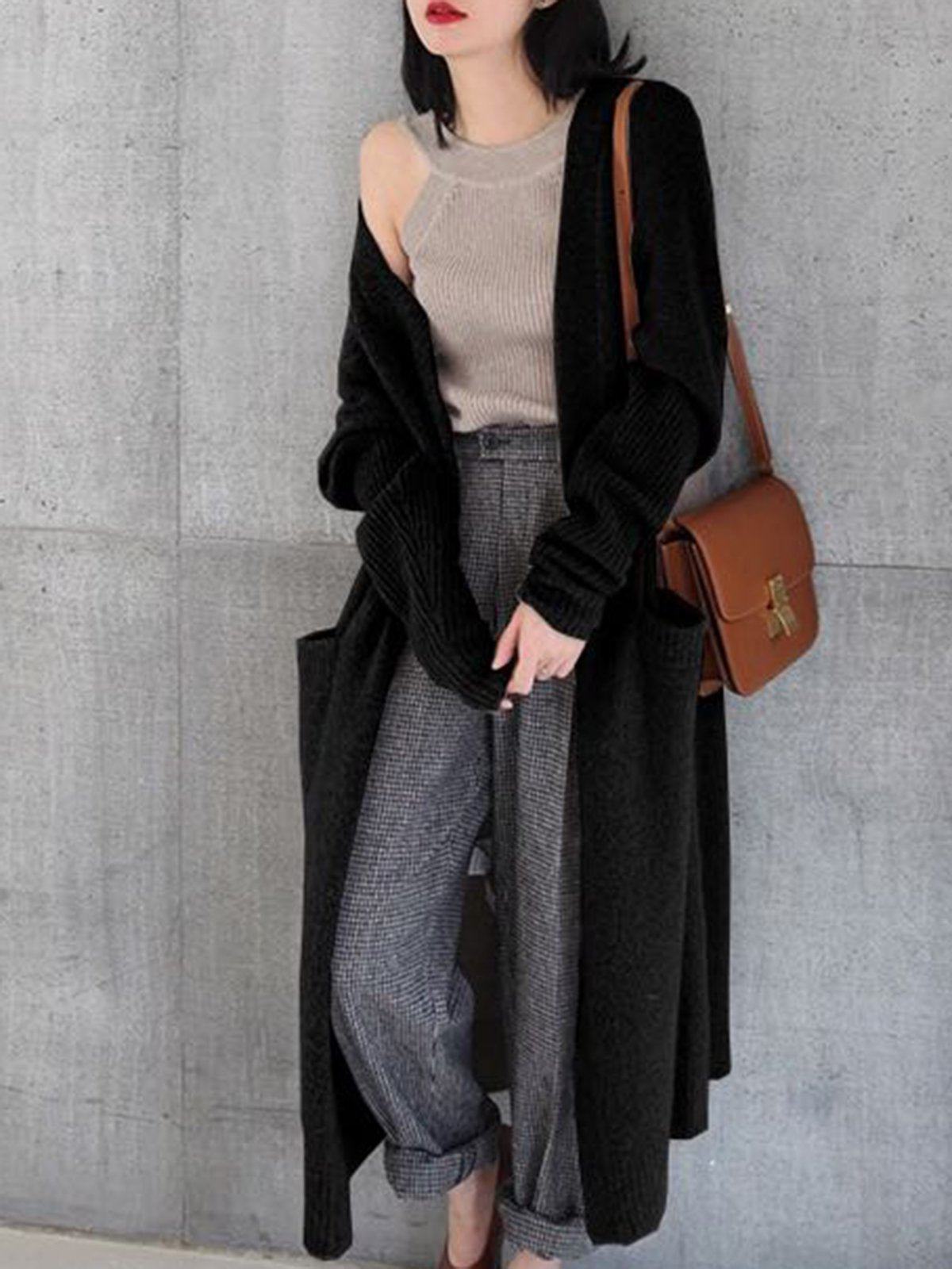 Women Knitted Long Sleeve Open Front Long Maxi Cardigan