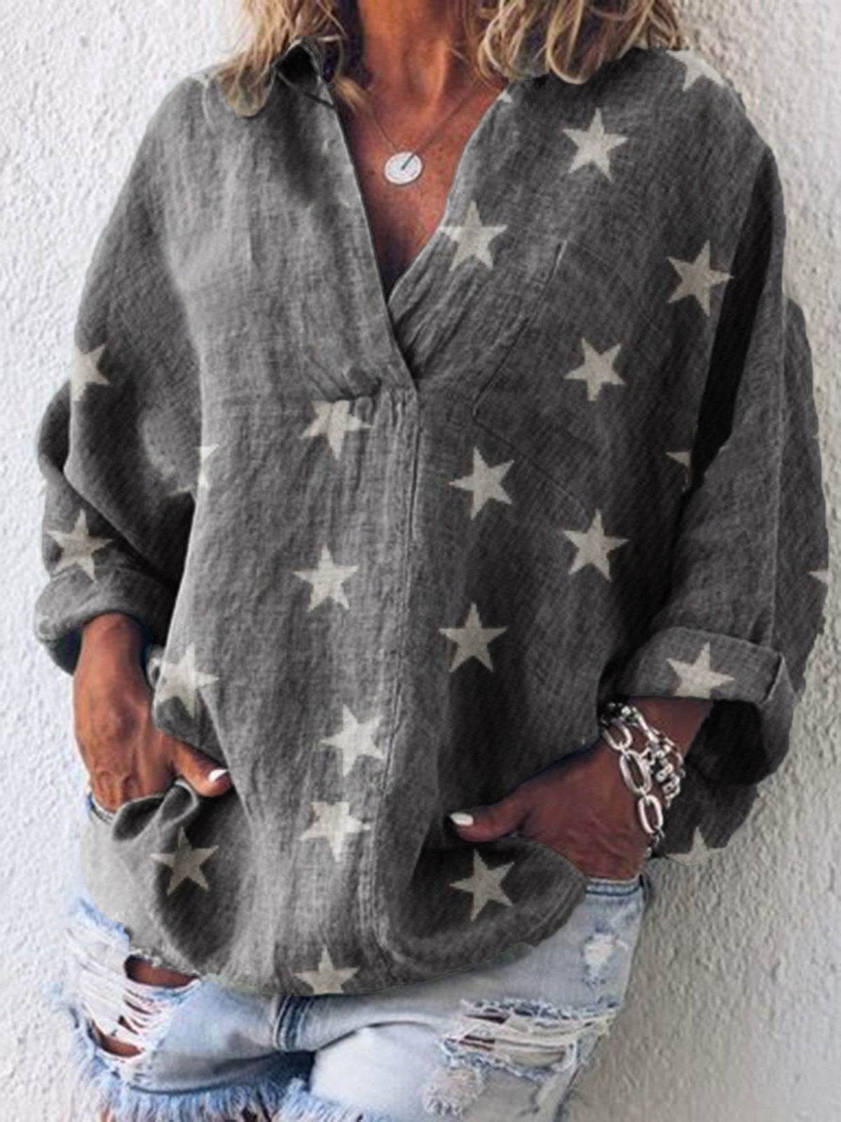 Long Sleeve Casual V Neck Solid Shirts & Tops