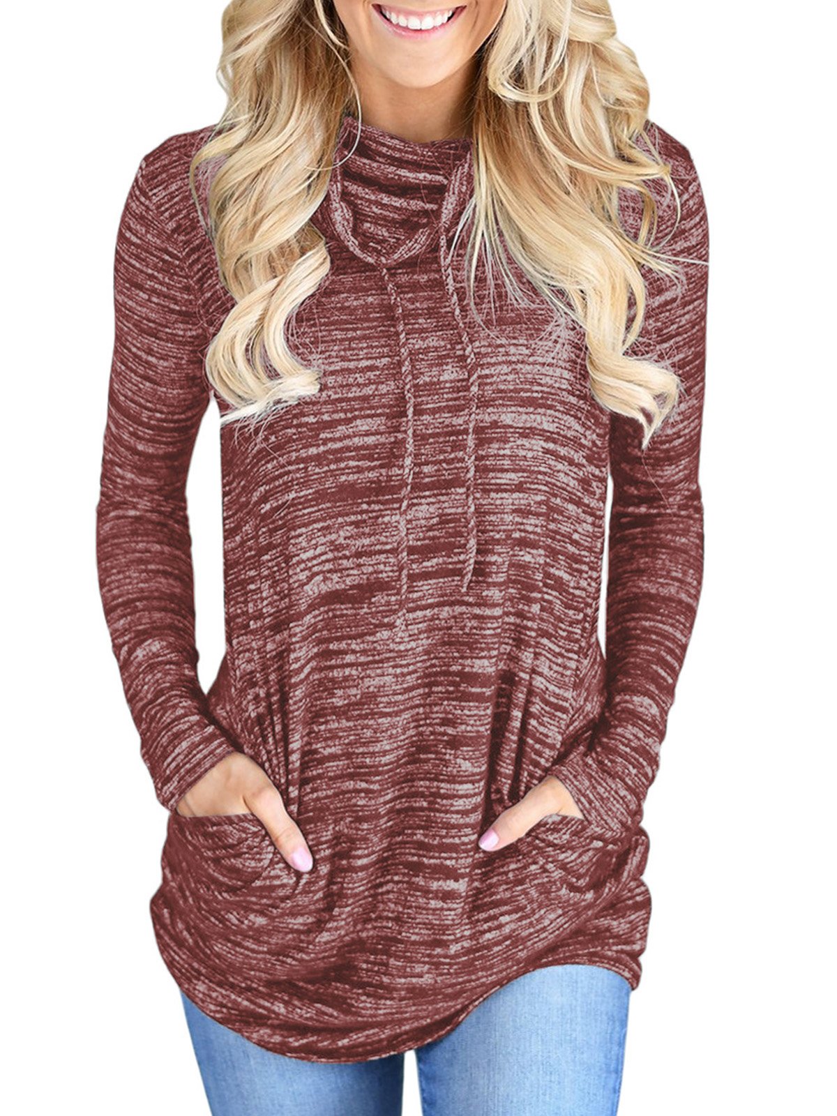 Cowl Neck Long Sleeve Spandex Pockets Women Clothing