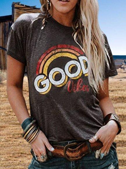 Vintage Short Sleeve Rainbow Letter Printed Plus Size Casual Tops