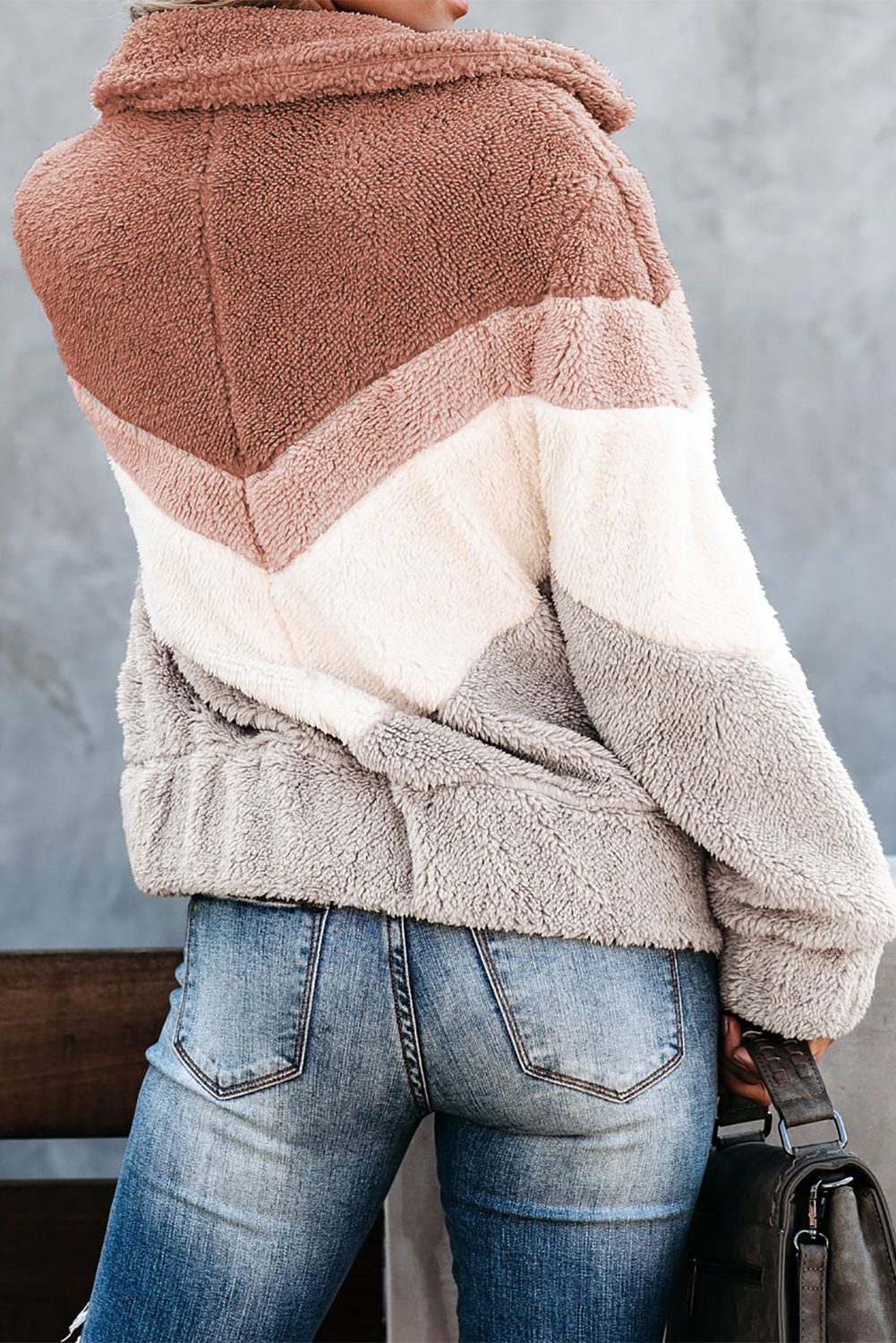 时尚拼色侧袋保暖蓬松毛绒拉链夹克外套