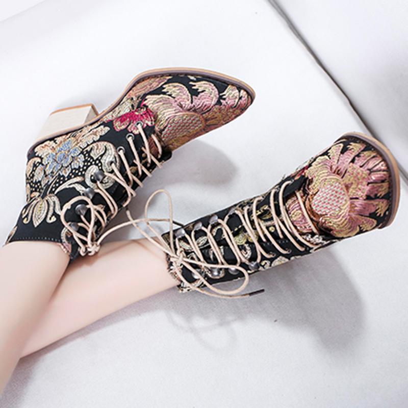 Vintage Embroidered High Heel Thick with pointed toe ankle boots