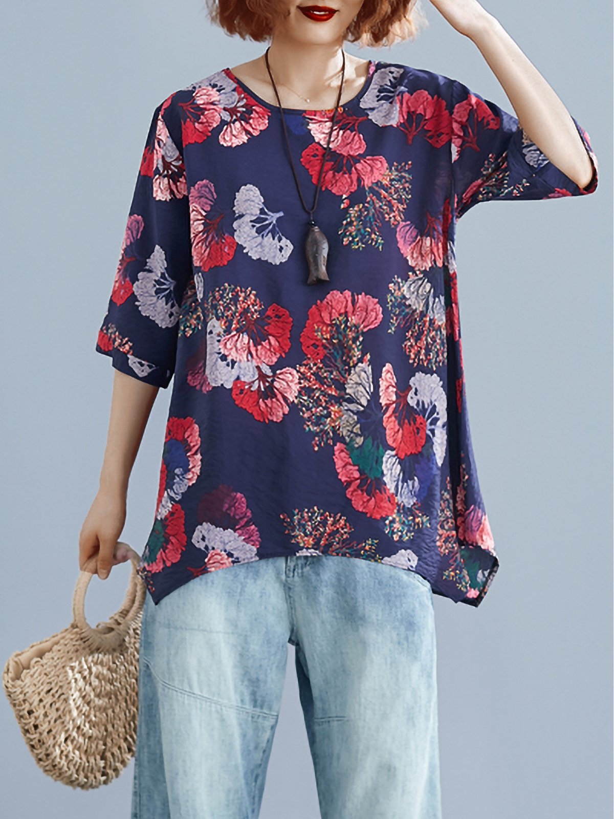 Plus Size Women Cotton And Linen Round Neck Short Sleeve Vintage Floral Casual Tops