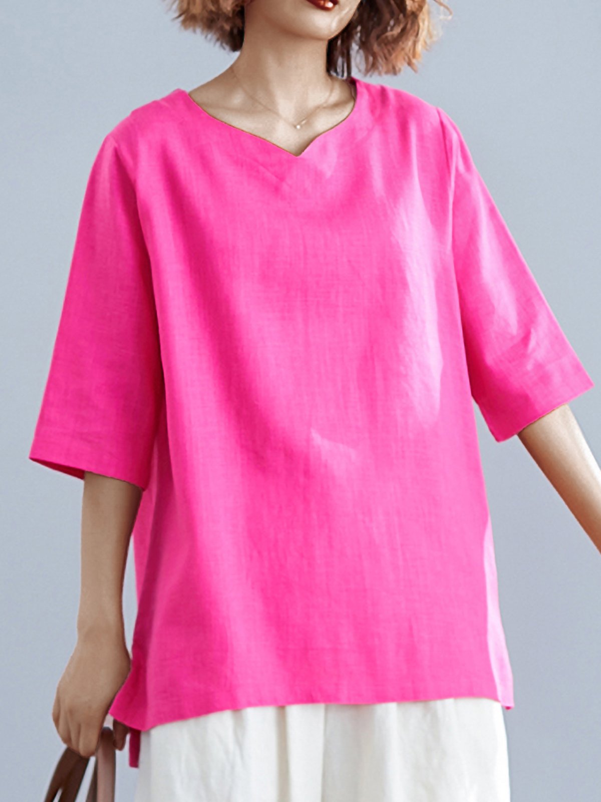 Plus Size Women Solid V Neck Half Sleeves Loose Casual Tops