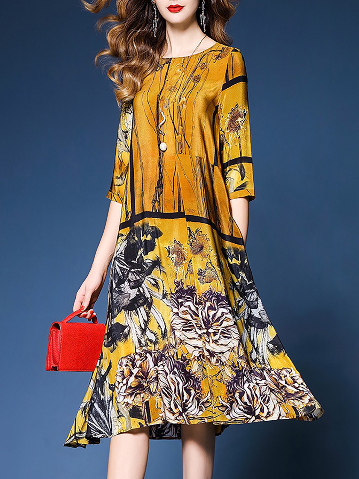 Yellow Shift Half Sleeve Midi Dress