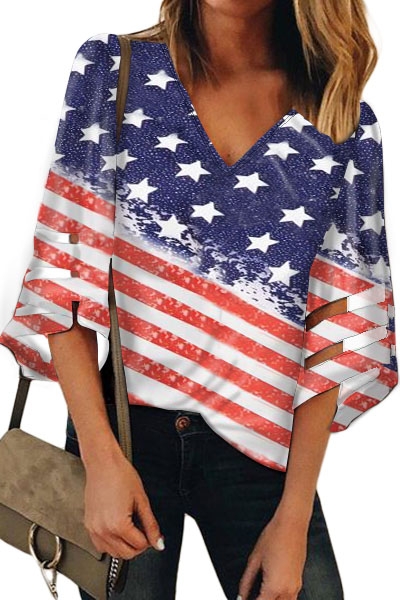 Blue The American Flag V Neck Blouse