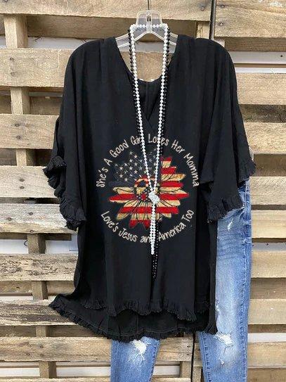 Short Sleeve V Neck Letter Cotton-Blend Shirts & Tops