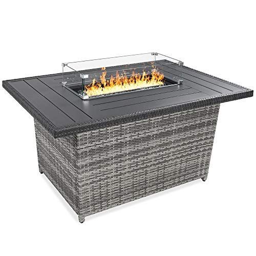 Best Choice Products 52in Gas Fire Pit Table, 50,000 BTU Outdoor Wicker Patio Propane Firepit w/Aluminum Tabletop, Glass Wind Guard, Clear Glass Rocks, Cover, Hideaway Tank Holder, Lid �C Gray