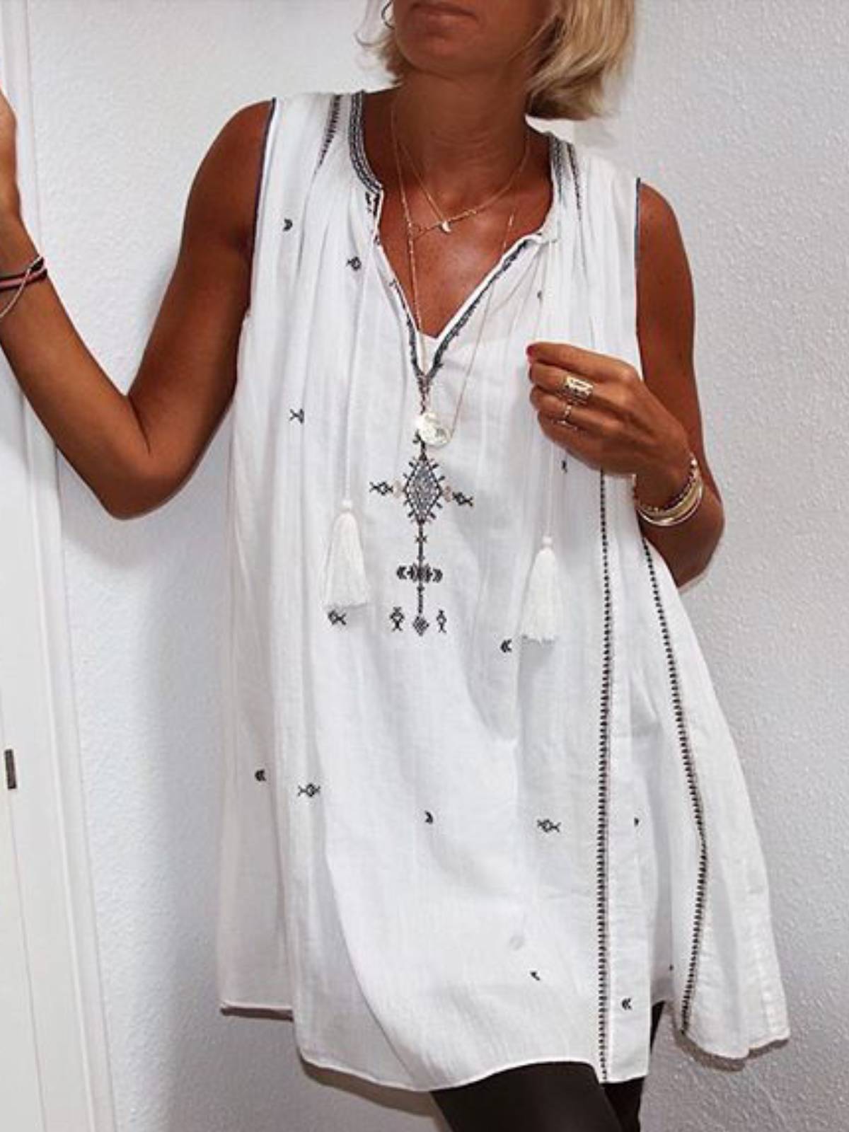 White V Neck Cotton Plain Casual Shirts & Tops