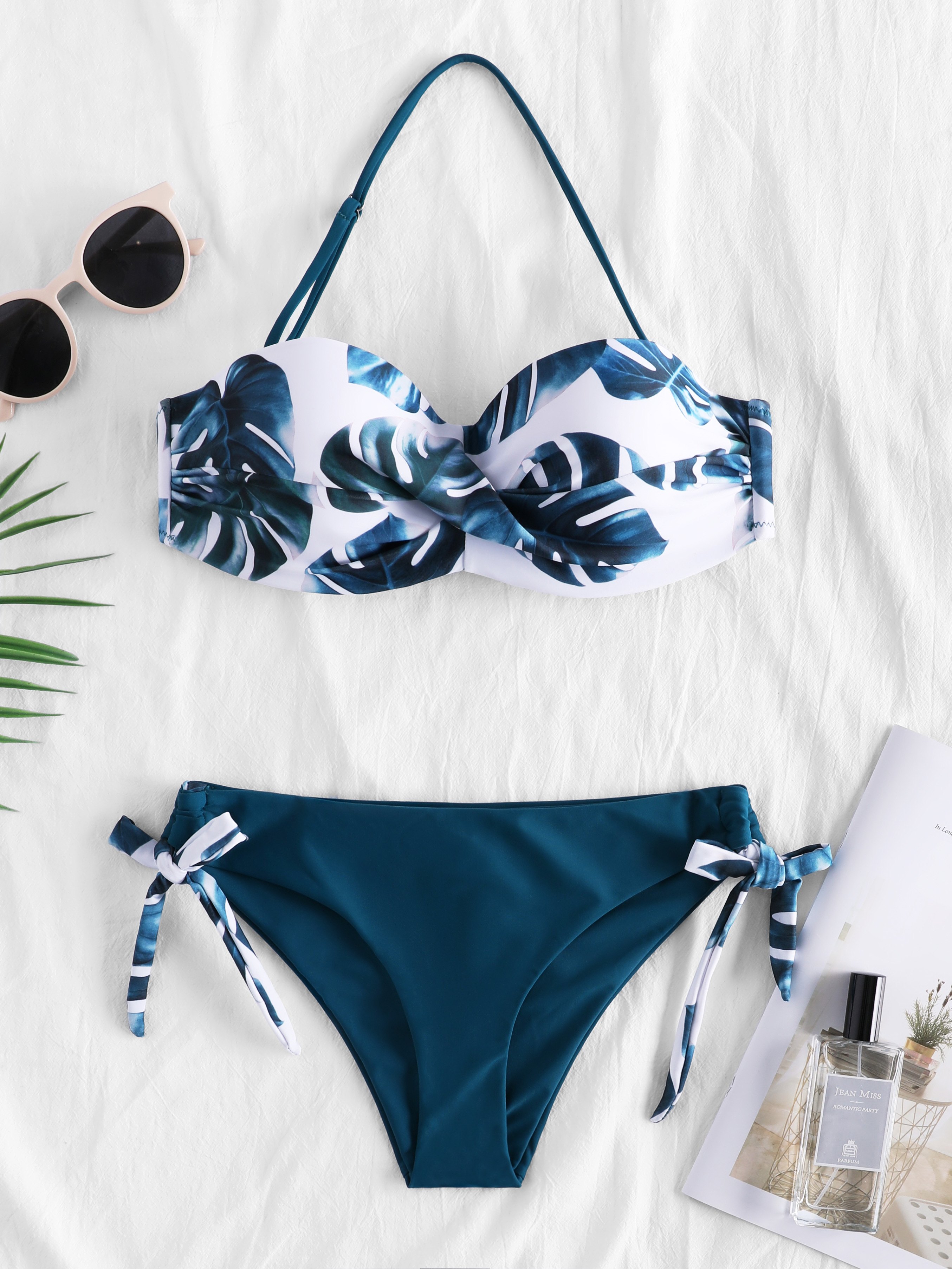 Leaf Print Tie Side Halter Bikini