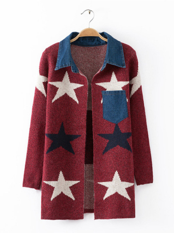 Star Wool Blend Patchwork Pockets Long Sleeve Cardigans
