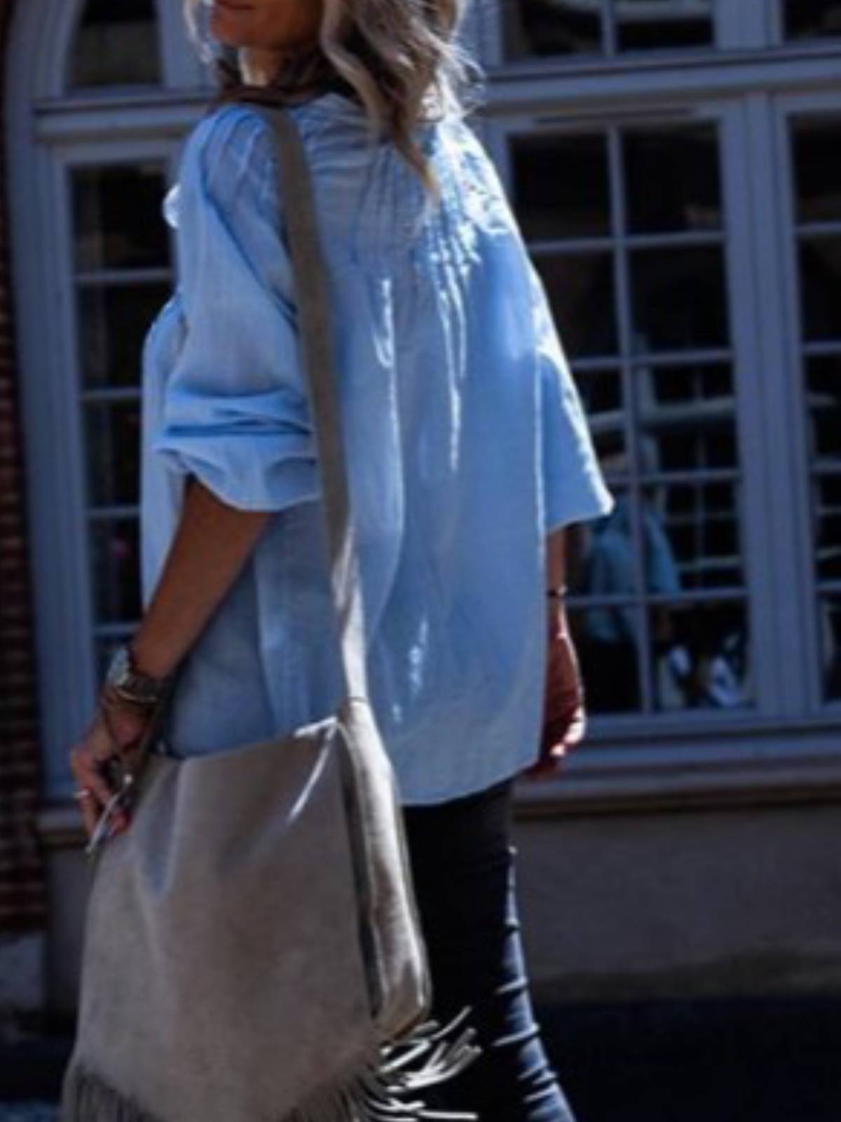 Blue Long Sleeve Cotton-Blend Shirts & Tops