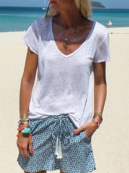 Deep V-Neck Short Sleeve Shirts & Tops