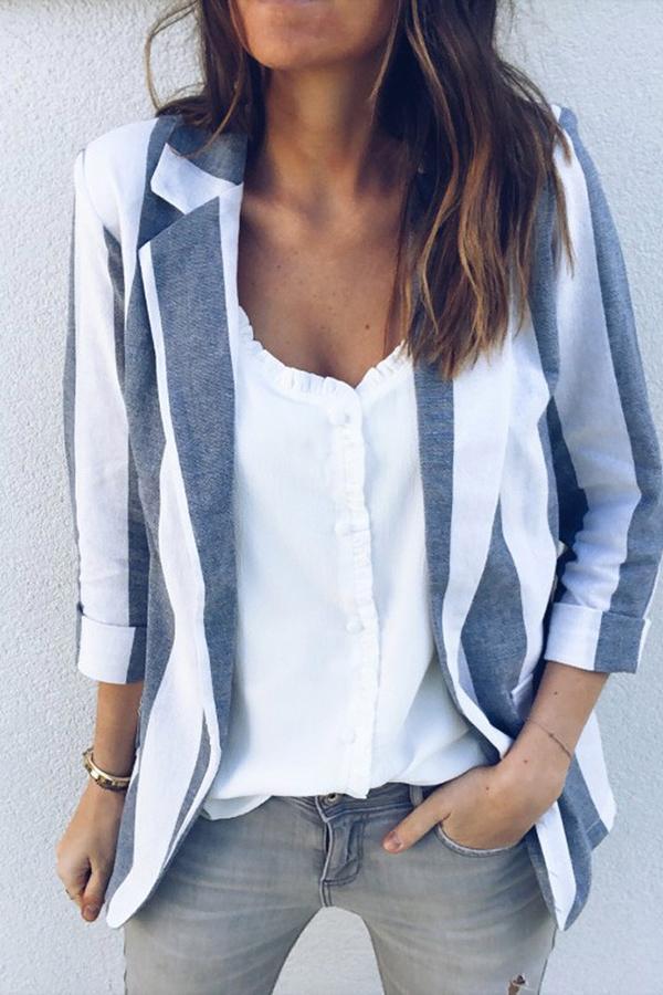 Fashion Lapel Stripes Printed Long Sleeve Blazers