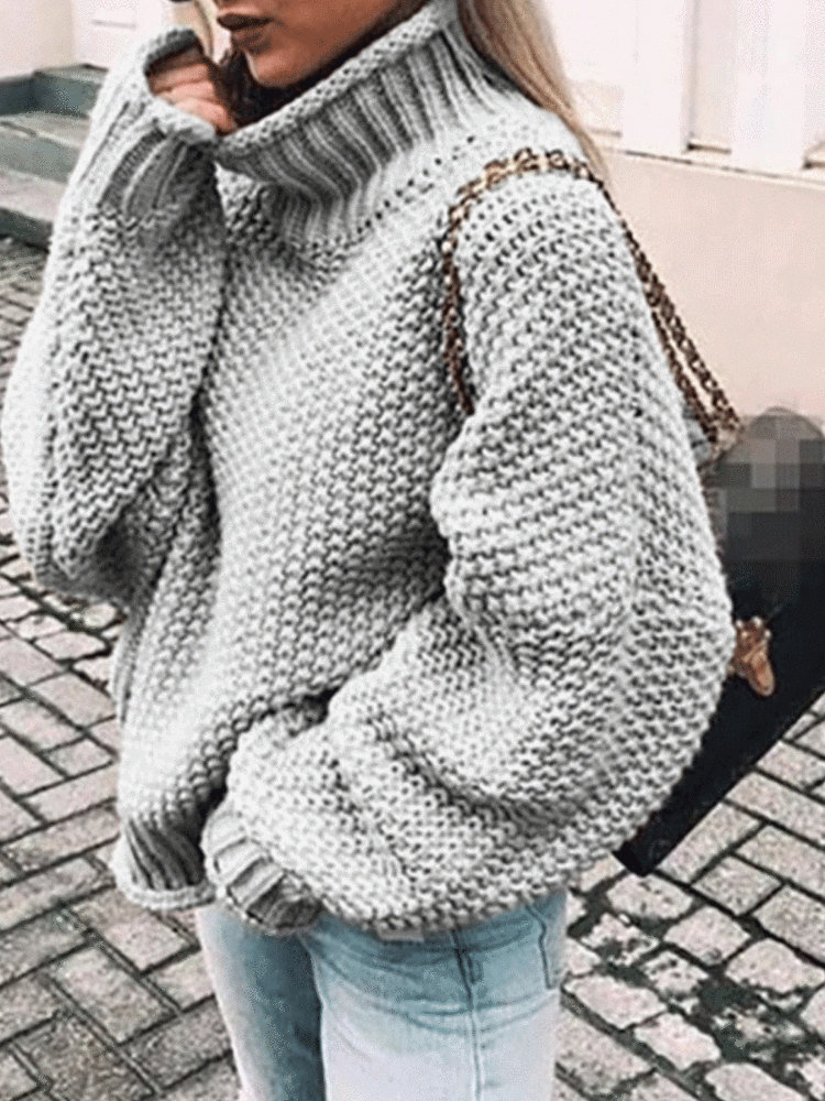 Female Roll Side High Collar Bat Sleeve Sweater