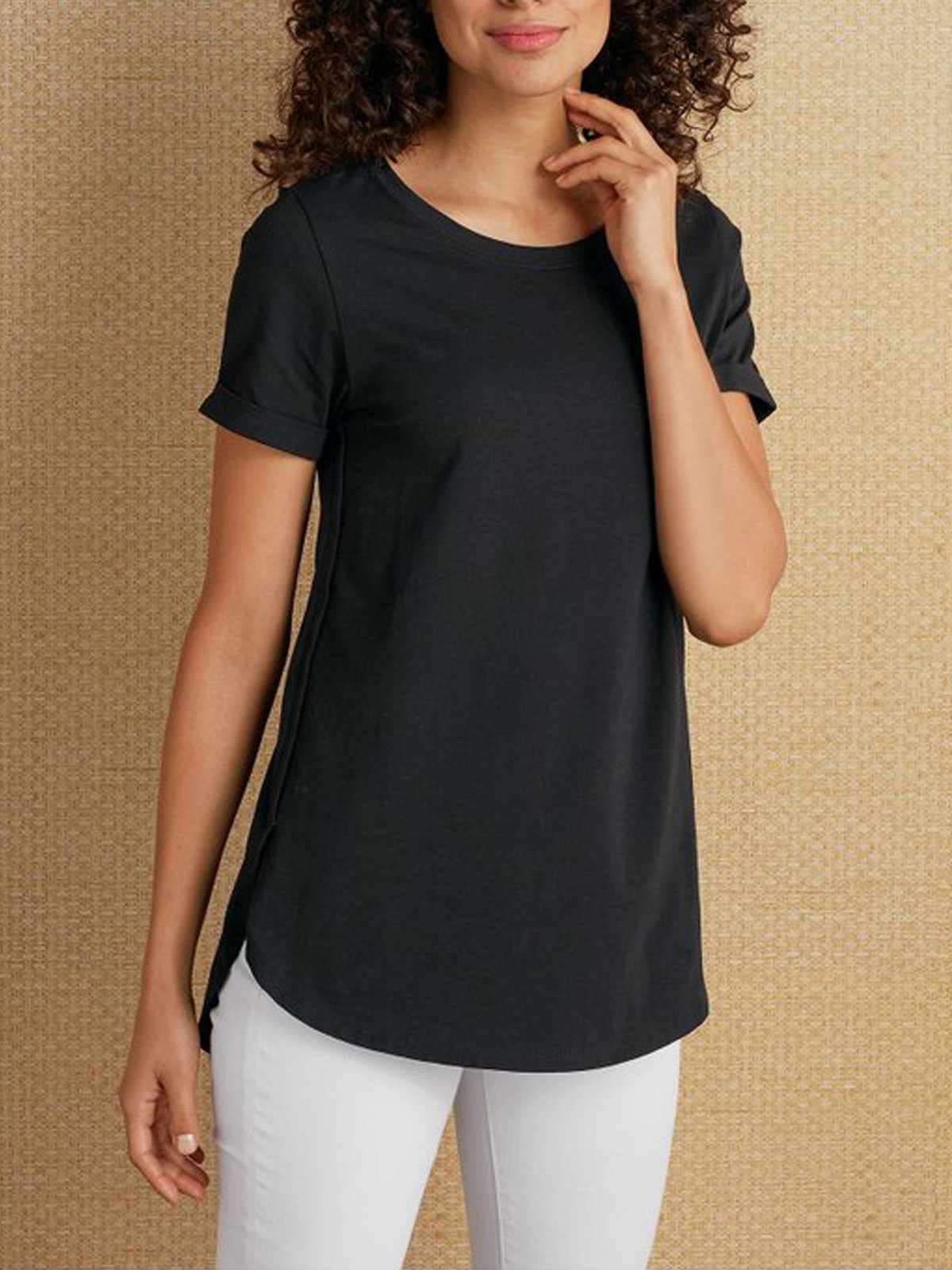 Casual Cotton Crew Neck Plain Shirts & Tops