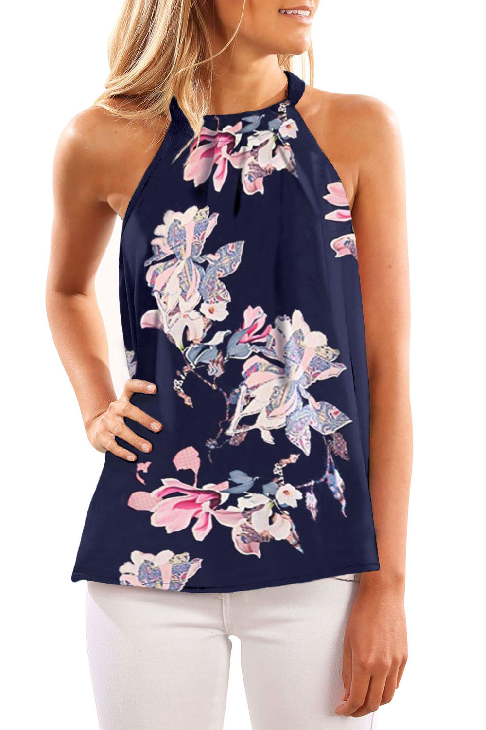 Blue Sleeveless Flower Printed Tank Top