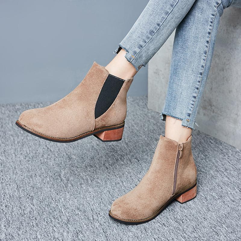 Women Flocking Booties Casual Comfort Zipper Chunky Heel Shoes