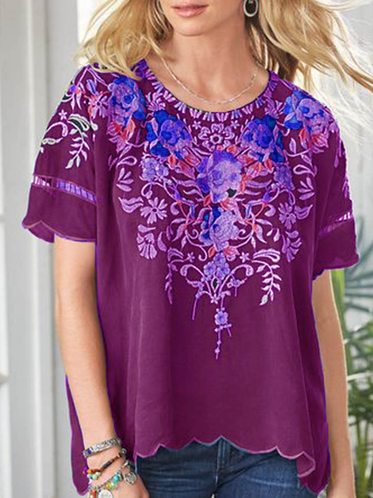 Navy Blue Short Sleeve Round Neck Patchwork Shirts & Tops