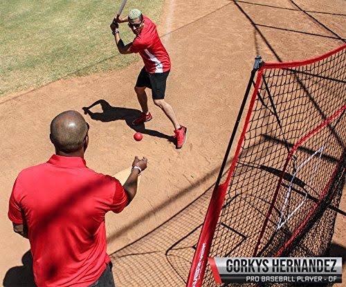 Powernet 7x7 DLX Net and Portable Pitching I-Screen Bundle (Red) | Softball Pitching Protection | Batting Practice Backstop | In