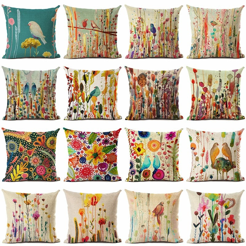Oil Painting Birds Cushion Cover Decorative Sofa Throw Pillow Case