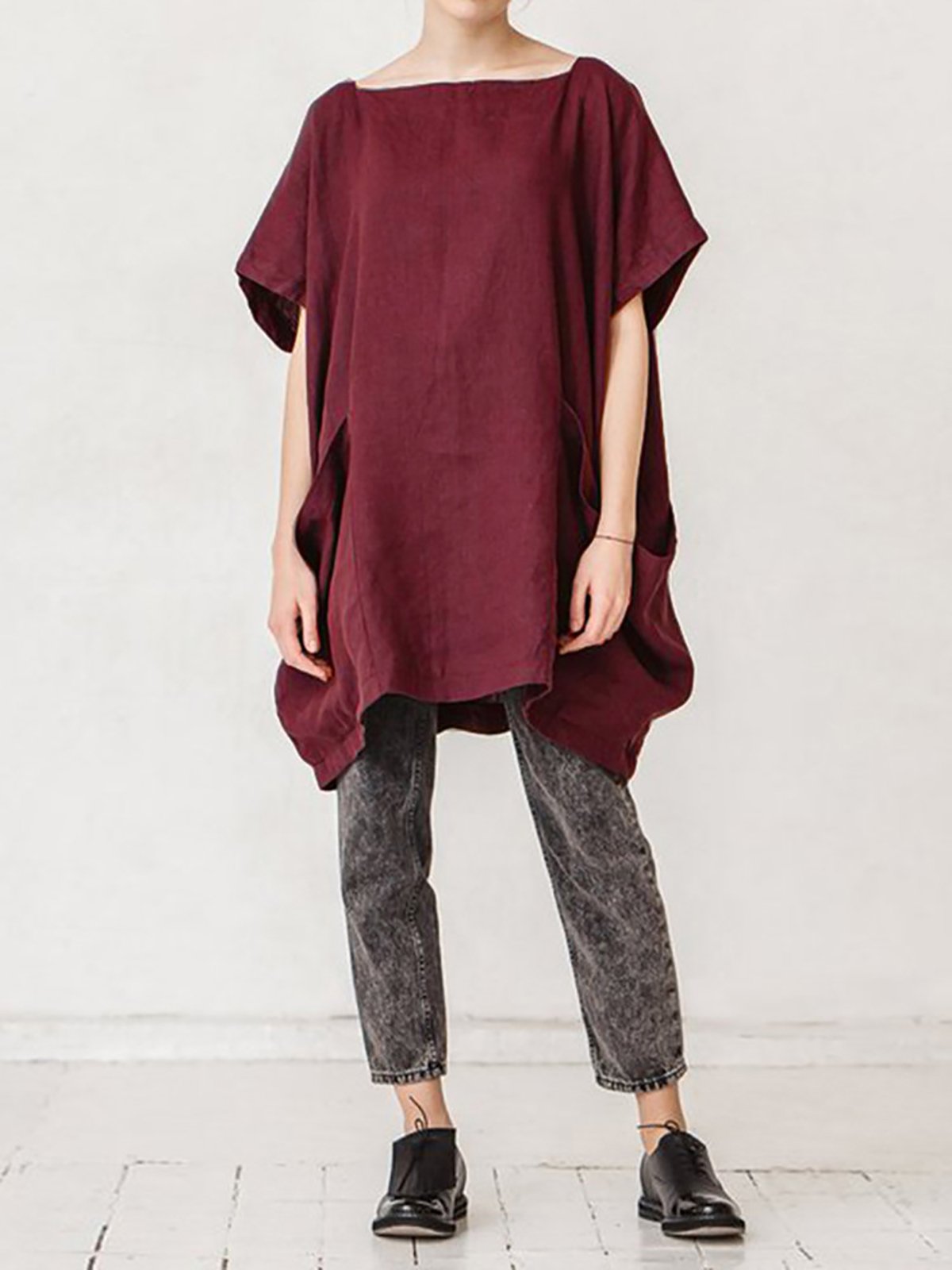 Square Neck Solid Pockets Shirts